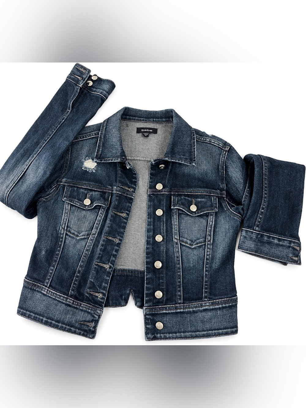 bebe Dark Blue Distressed Denim Jacket